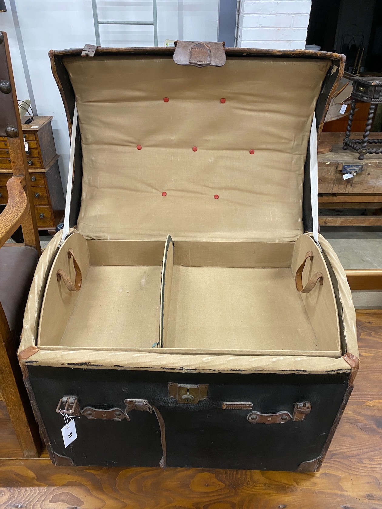 A Victorian leather dome top trunk with original interior by Webb & Son, Plymouth and Exeter, length 77cm, depth 52cm, height 62cm
